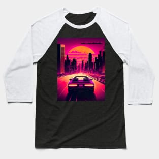 Retro-Futuristic Car Driving Through City Towards Synthwave Sun Baseball T-Shirt